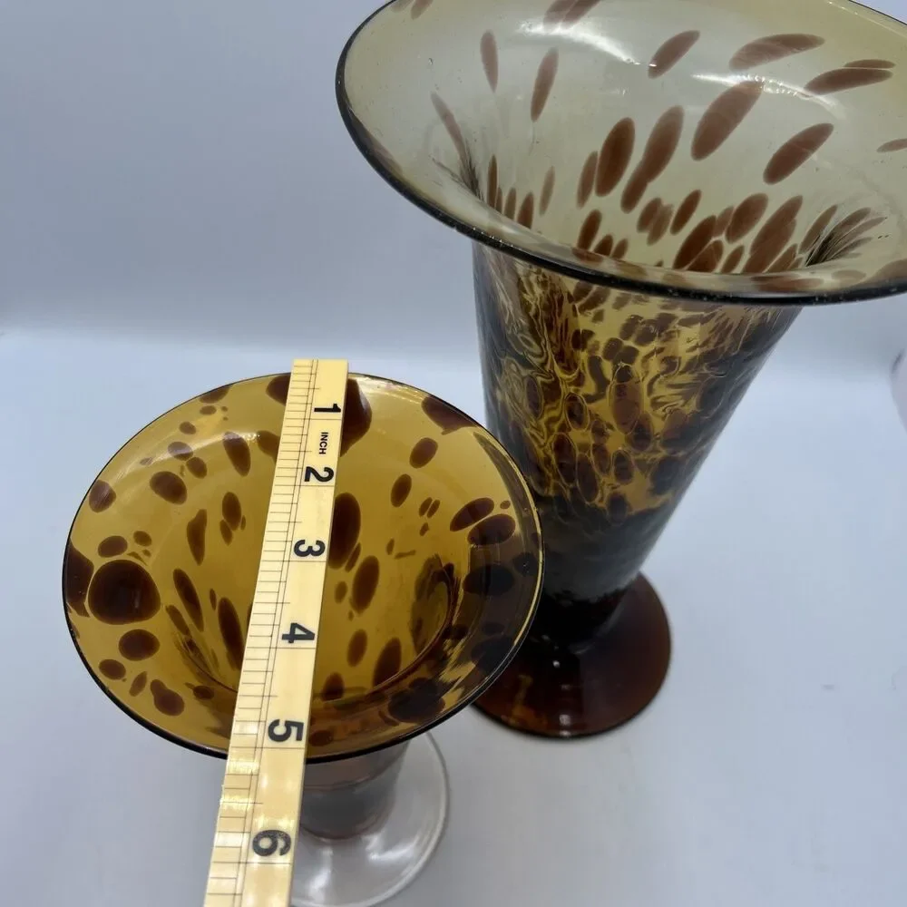 Vintage Hand Blown Art Glass Vases Set of 2 Amber Brown Spotted Pedestal Vases